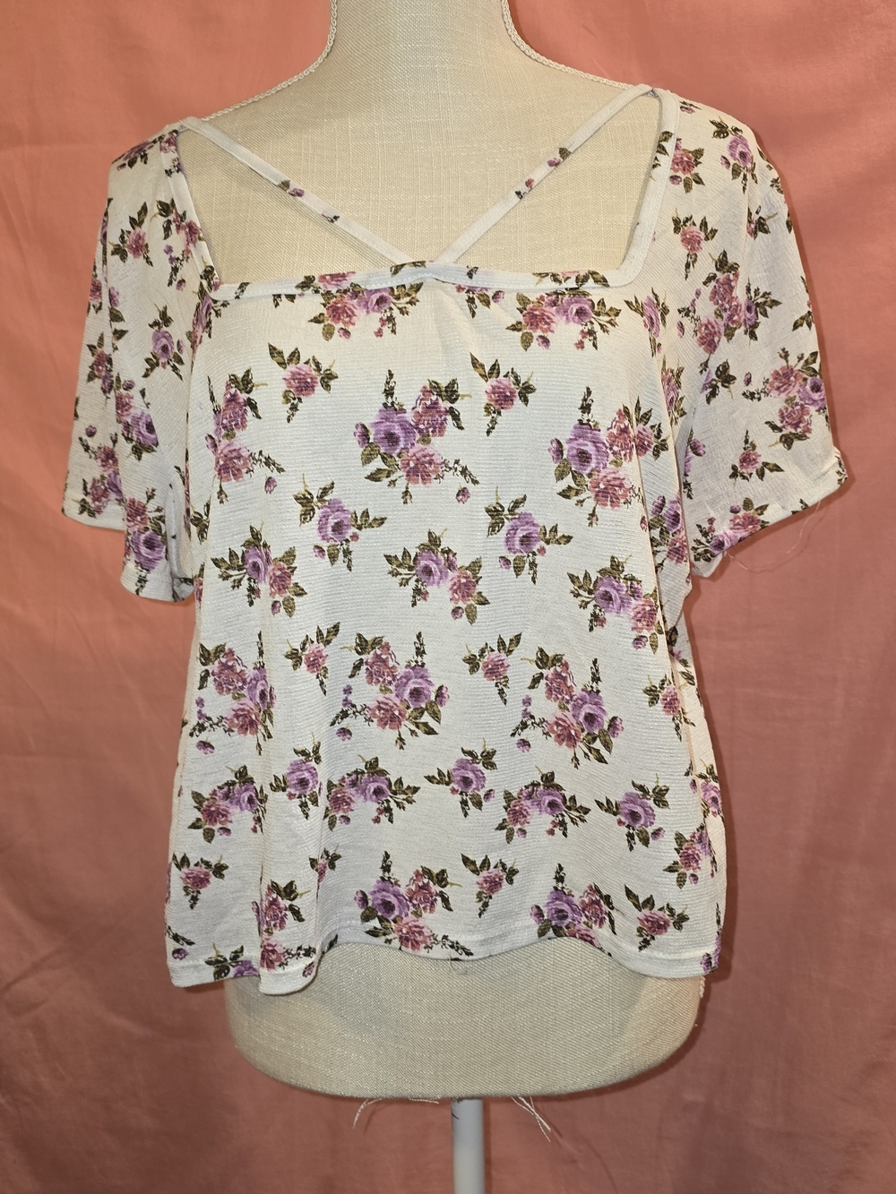 Square-Neck Floral Short Sleeve Blouse - White with Purple Roses
